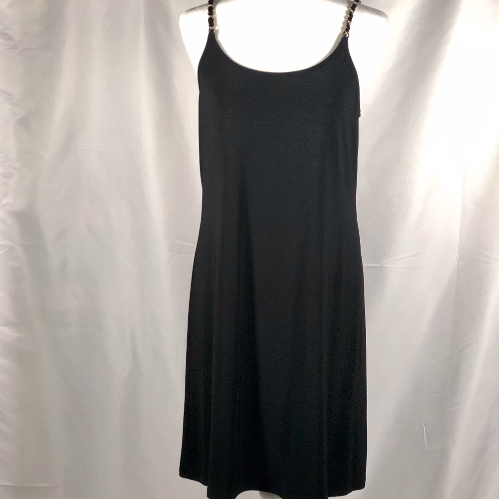 Stretchy Black Dress with Gold Chain Straps